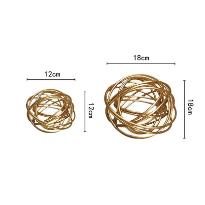 Geometric golden thread decorative figurines featuring gold-toned metal wire spheres 12cm and 18cm diameter