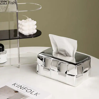 Shiny silver ceramic tissue box with geometric grain silver check quilted design for bedroom decorbites organizer