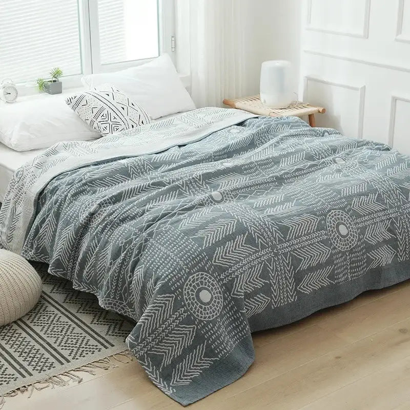 Geometric gray and white cotton gauze throw blanket with soft textured weave for bedroom bedspread decorbites cotton gauze