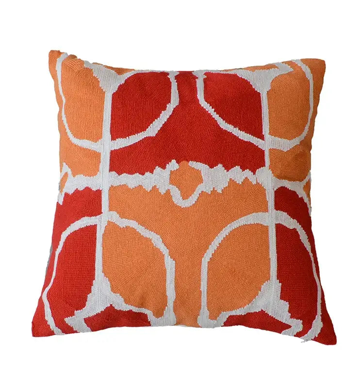 Vibrant orange and red geometric pillow cover with white embroidered outlines for decorbites grey embroidered cotton decor