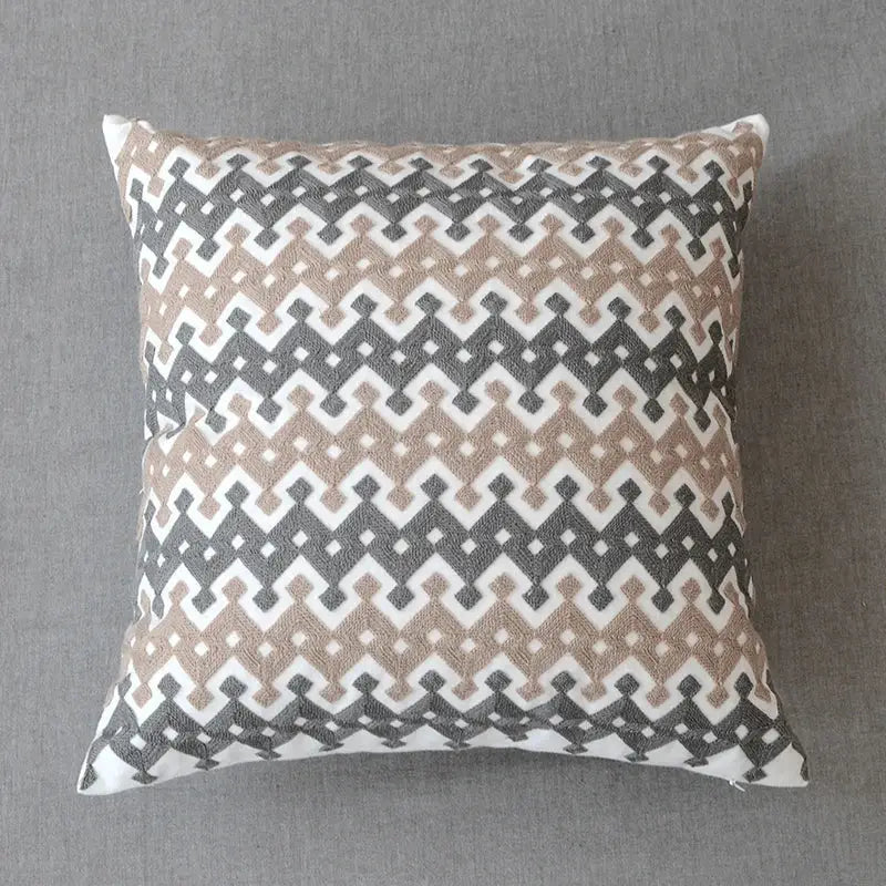 Square pillow cover with beige gray white geometric zigzag decorbites grey embroidered cotton for living room decor