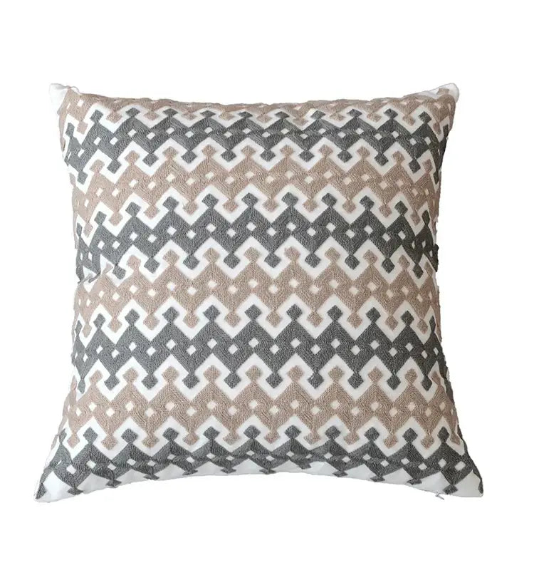 Square pillow cover with textured geometric zigzag pattern in grey and beige decorbites grey embroidered cotton living room decor