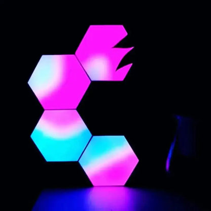 Geometric hexagon led wall lights with vibrant pink and blue hues featuring bluetooth app control for bedroom use