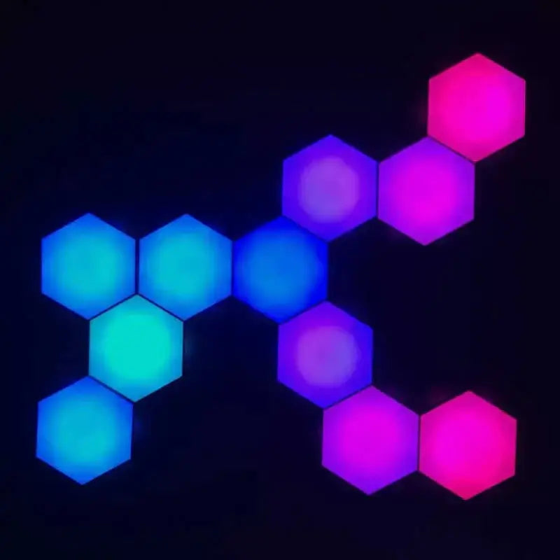A set of geometric hexagon led wall lights emitting blue purple and pink hues with bluetooth app control features