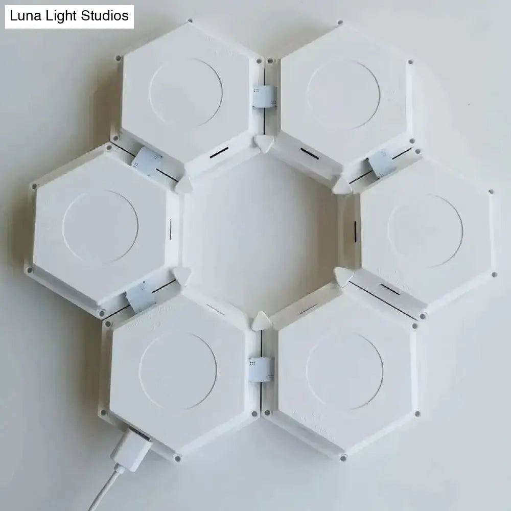 White hexagonal modular led light panel system with bluetooth app control for bedroom wall lighting