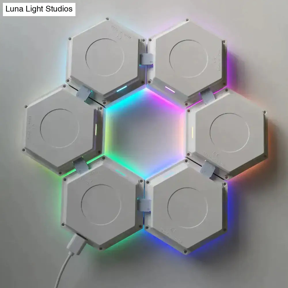 White hexagonal modular led light panel with colorful rgb lighting Bluetooth app control for bedroom wall decor