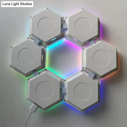 White hexagonal modular led light panel with colorful rgb lighting Bluetooth app control for bedroom wall decor