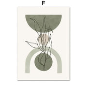 Minimalist abstract geometric leaves wall art print featuring black line botanical stems on olive and muted pink background