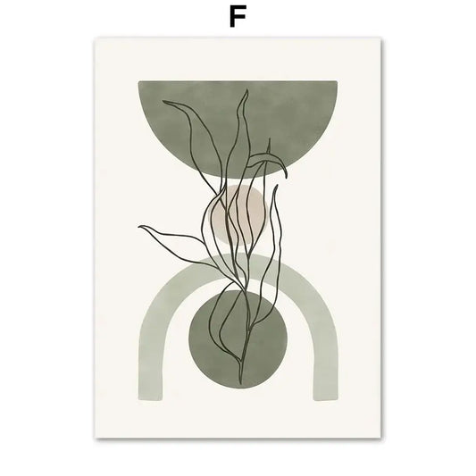 Minimalist abstract geometric leaves wall art print featuring black line botanical stems on olive and muted pink background
