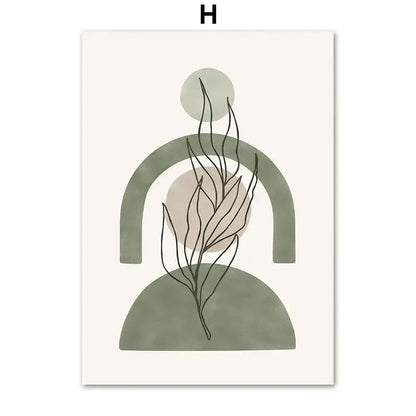 DecorBites™ abstract geometric leaves canvas wall art with minimalist black line plant on sage green and beige shapes
