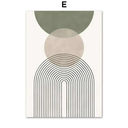 DecorBites™ abstract geometric leaves canvas wall art with muted green and beige circles and black curved lines