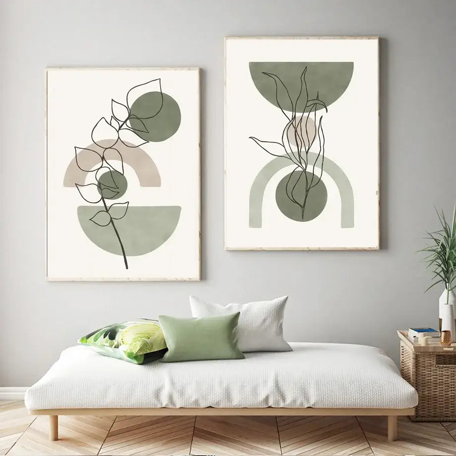 Two framed decorbites™ abstract geometric leaves wall art prints with minimalist botanical line drawings in sage and beige