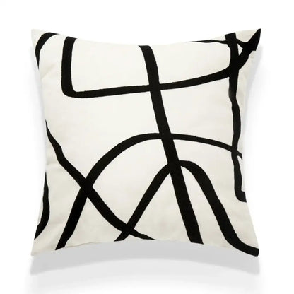 A square off-white fabric decorbites geometric line embroidered pillowcase with bold black abstract line pattern for living room