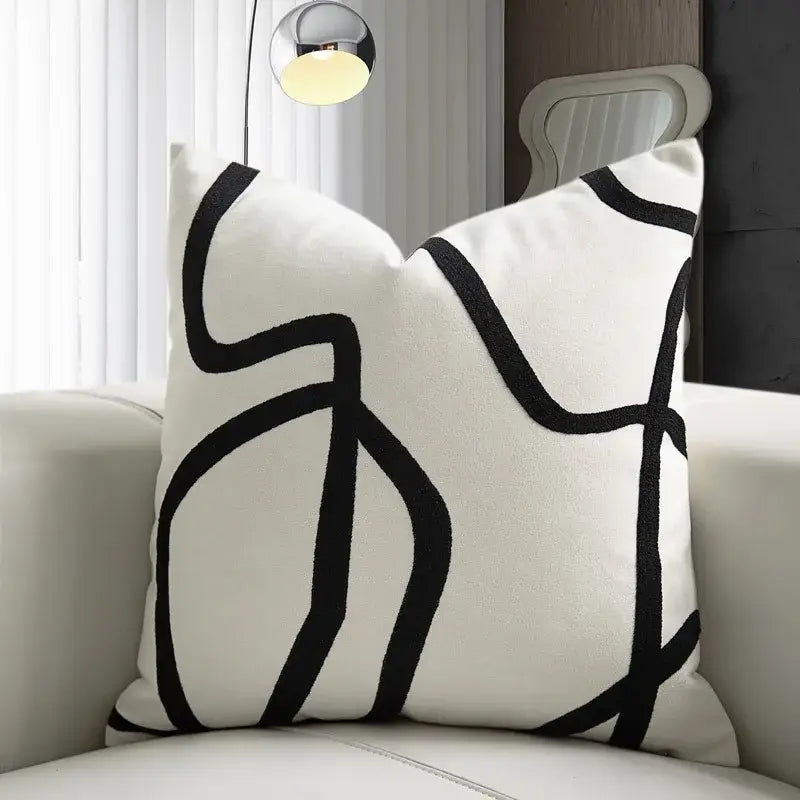 White throw pillow with bold black geometric line embroidered design for living room decorbites geometric line pillowcase