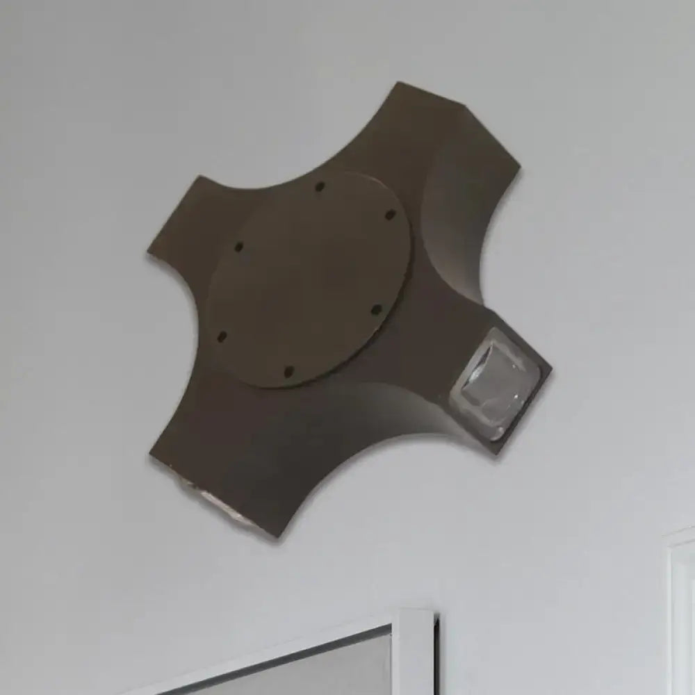 Dark gray four-armed ceiling light with geometric metallic shade bronze and rectangular glass panel for bedroom use