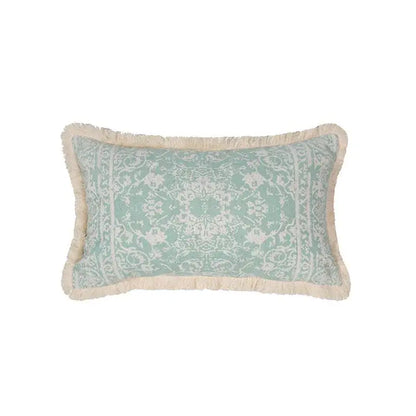 Rectangular teal cushion cover with white ornate pattern and cream fringe cotton crochet tassel decorbites design