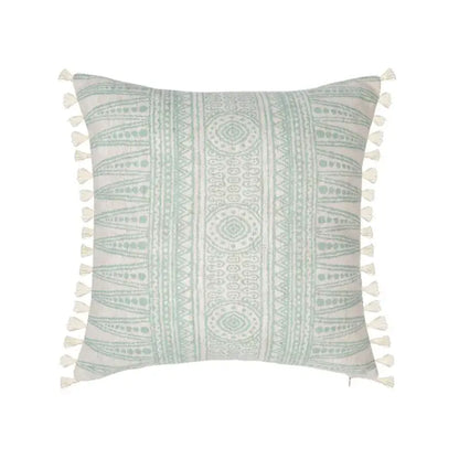 A square light mint green and off-white geometric cotton crochet tassel cushion cover by decorbites
