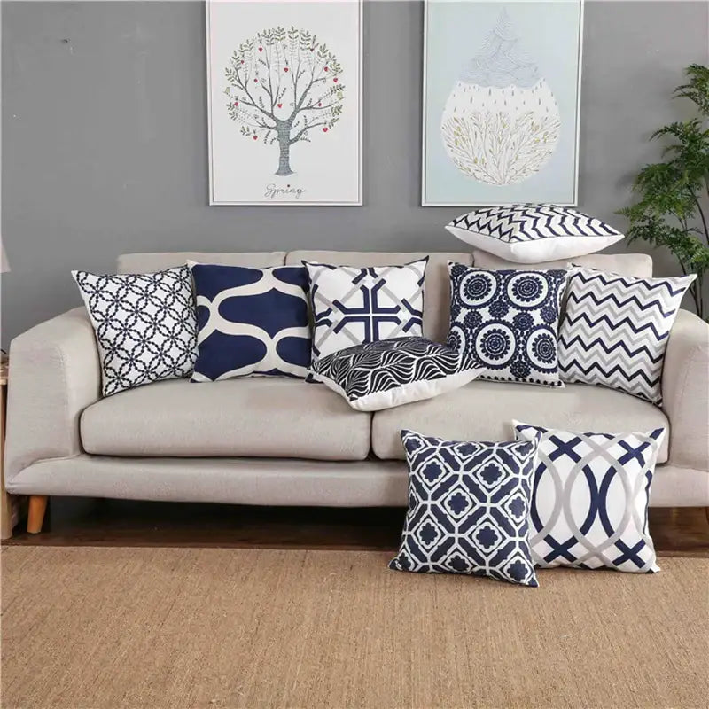 Set of navy blue white and gray geometric cushion covers featuring blue zigzag patterns for living room decorbites decor