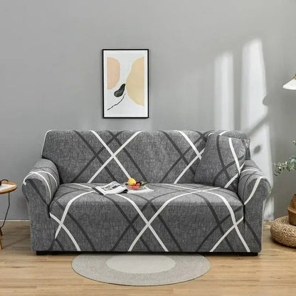 Gray sofa cover with textured fabric and bold white geometric crosshatch pattern from decorbites colorful block sofa covers collection