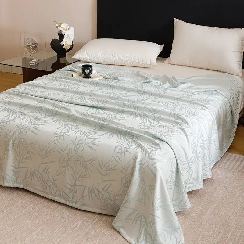Light green bamboo-patterned satin bedspread made of decorbites bamboo fiber for summer lightweight bedding decor