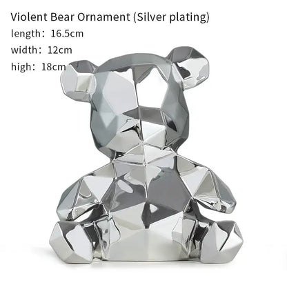 Silver-plated geometric electroplated teddy bear sculpture with faceted crystalline design for living room decor