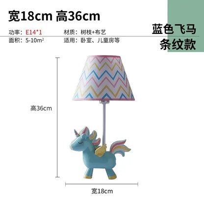 A charming light blue unicorn table lamp with colorful zigzag shade for children’s bedroom lighting decor
