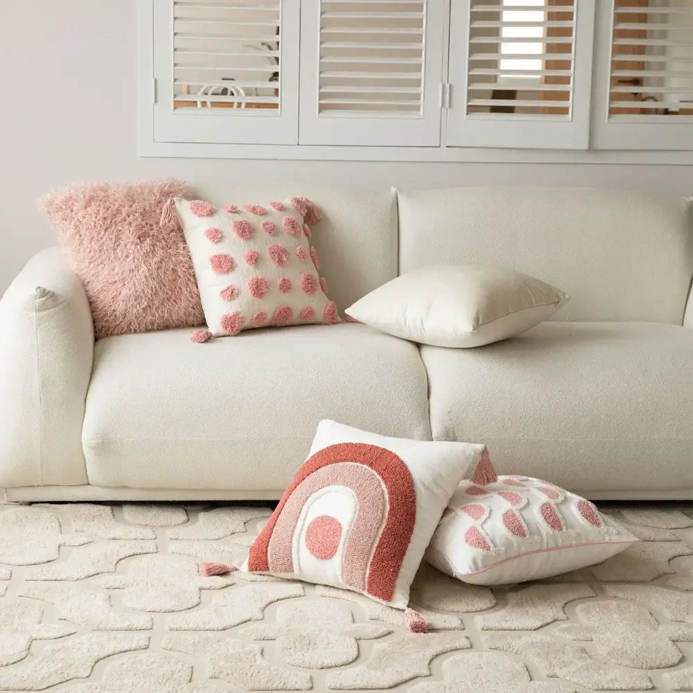 Cozy geometric pink and white embroidered pillow cover with soft textured cushion cover for living room decorbites decor