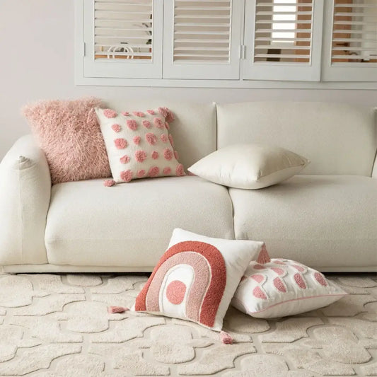 Cozy geometric pink and white embroidered pillow cover with soft textured cushion cover for living room decorbites decor