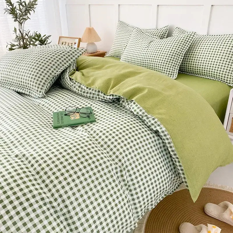 Green and white checkered quilt cover set with soft velvety green lining for geometric pink and white gingham bedroom