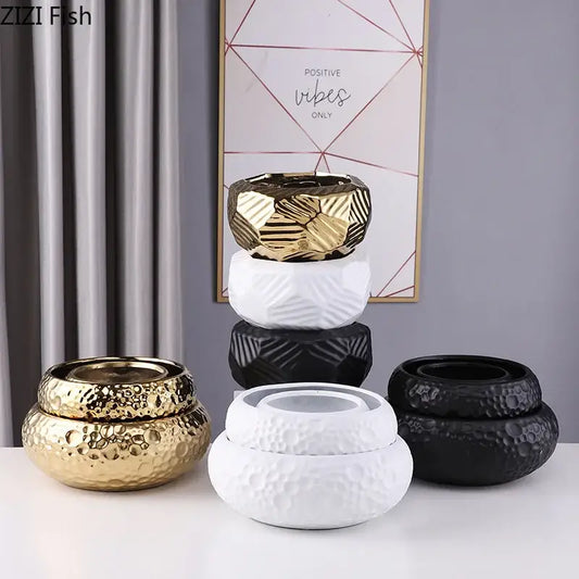Stacked ceramic vase in gold white and black with textured geometric patterns ideal for minimalist living room decorbites decor