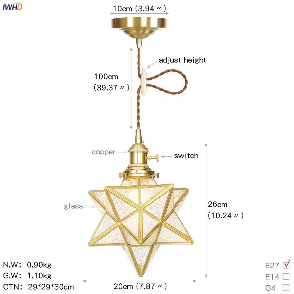 Brass star-shaped pendant light with textured glass panels and copper led pendant switch for kitchen use
