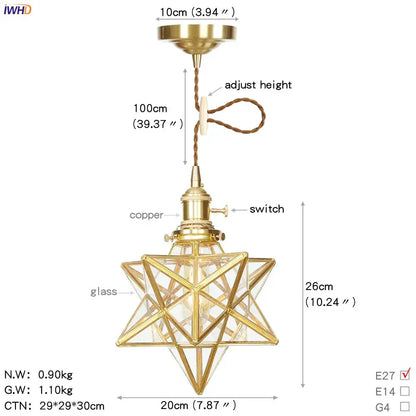 Brass star-shaped glass copper led pendant light with clear panels and copper switch for kitchen lighting