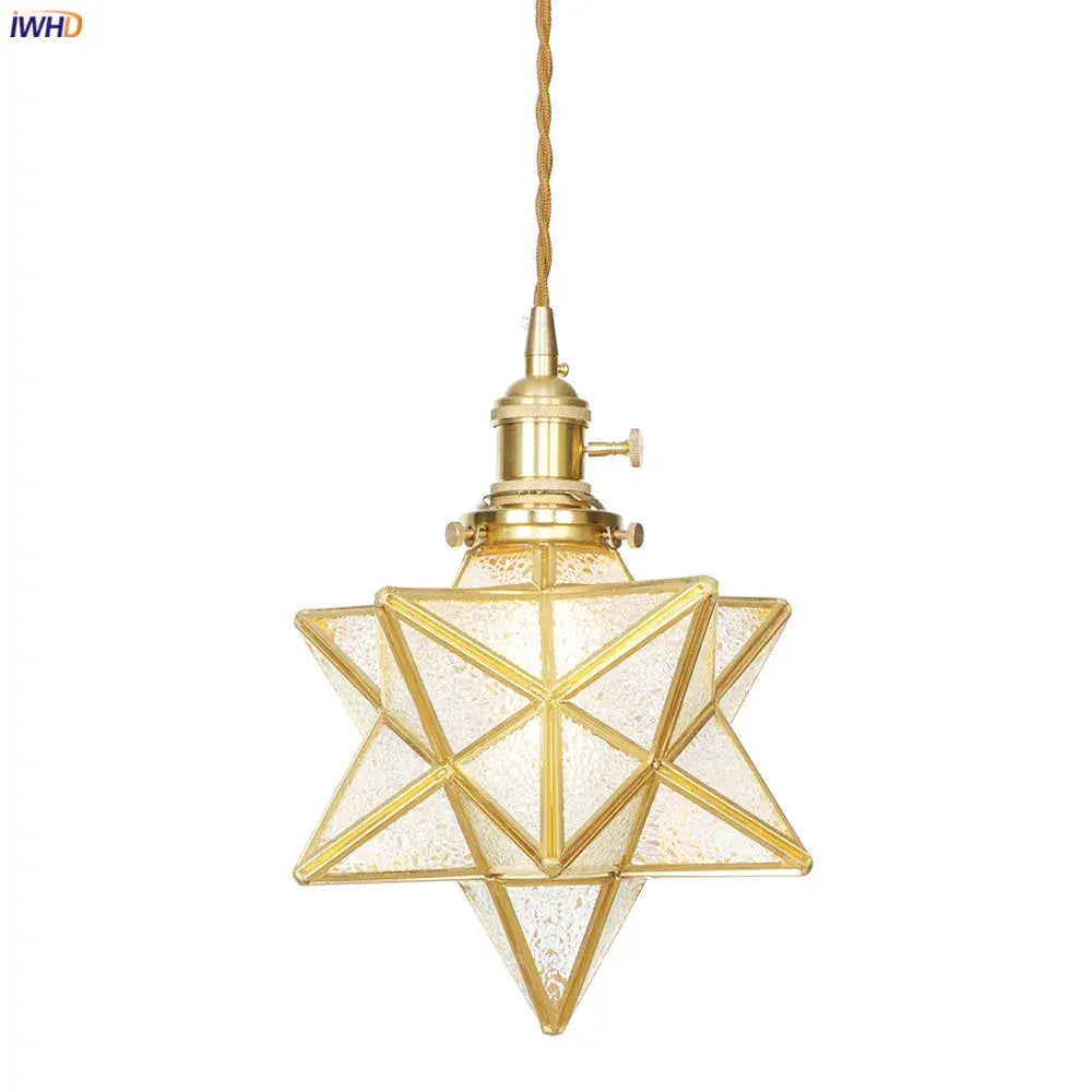 Gold-toned geometric star pendant light with textured glass panels and brass hardware copper led pendant for kitchen