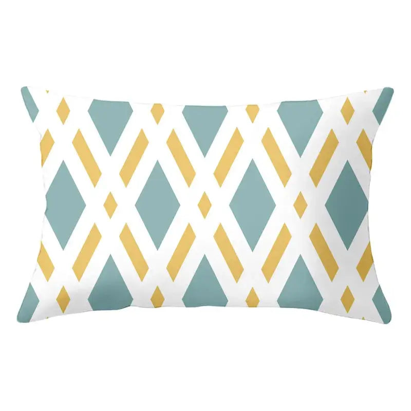 Rectangular pillow with decorbites geometric striped curved pattern in teal diamonds and gold stripes for living room decor