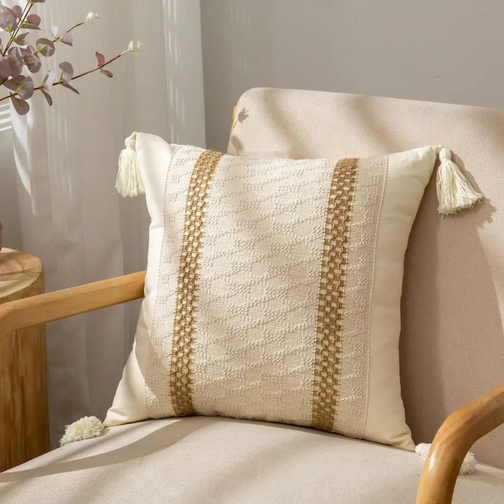 Cream-colored geometric tassel cushion cover with textured beige woven stripes and tassels for living room decorbites decor
