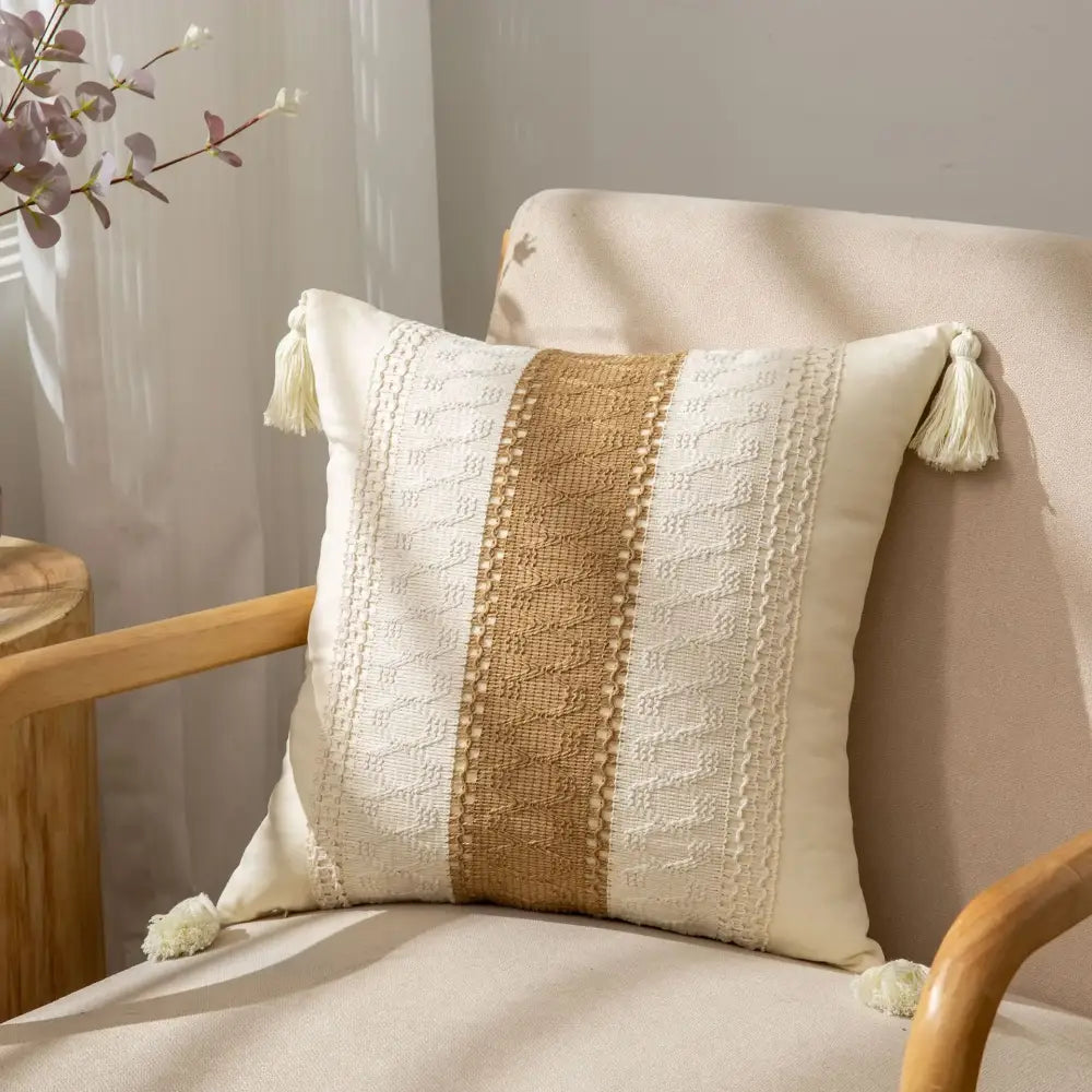 Cream cushion cover with tan woven stripe and white crochet geometric tassel decorbites design for living room decor