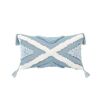 Light blue and white geometric tassel tufted pillow cover with woven cross pattern and corner tassels for living room decor