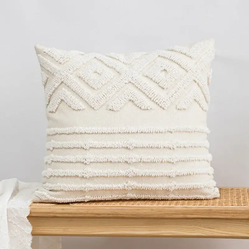 Cream-colored geometric tufted pillow cover with textured ribbed patterns in soft woven fabric for living room decorbites decor