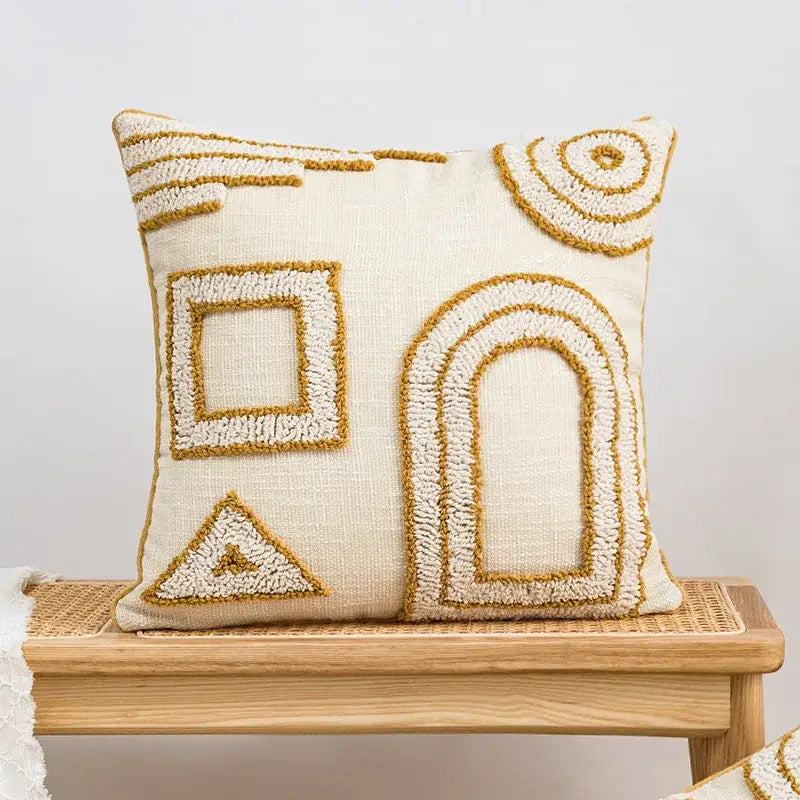 Cream-colored pillow cover with textured mustard-yellow geometric tufted embroidery for living room decorbites decor