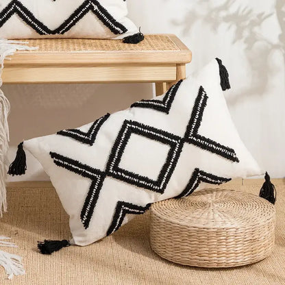 White cushion pillow covers with black geometric tufted embroidery and tassels for decorbites geometric tufted decor