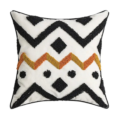White throw pillow cover with black and orange geometric tufted plush fabric for decorbites geometric tufted living room decor