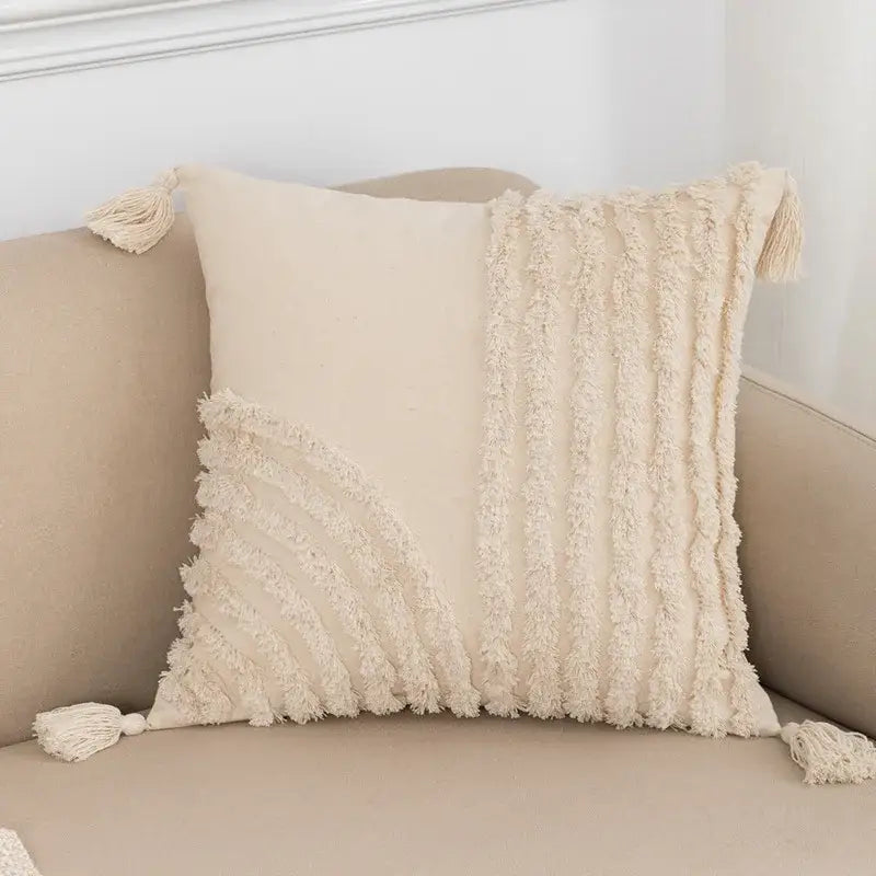 Cream-colored geometric tufted fringed cushion cover with textured fabric and tassels for living room decorbites pillow