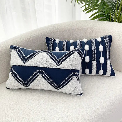 Navy blue and white geometric tufted cushion cover with textured fabric and pom-pom accents for living room decorbites decor