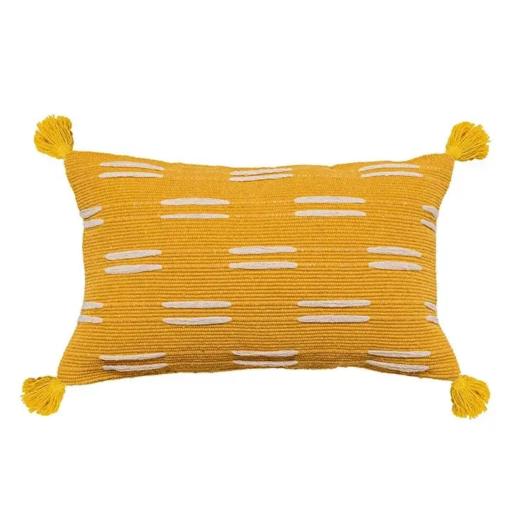 Vibrant yellow cushion cover with white embroidered stripes and tassels for decorbites geometric tufted living room decor
