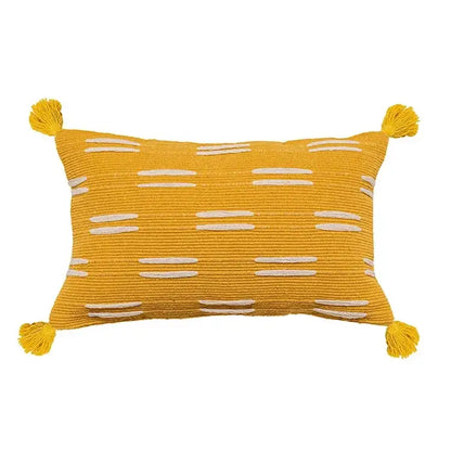 Vibrant yellow cushion cover with white embroidered stripes and tassels for decorbites geometric tufted living room decor