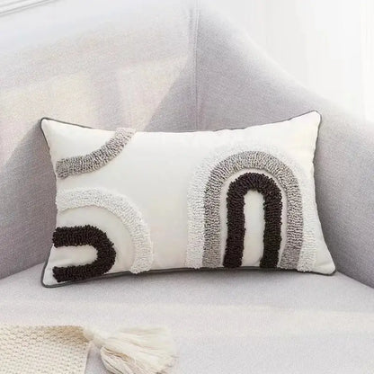 Rectangular white cushion cover with geometric tufted textured rainbow design in gray and black for living room decorbites geometric tufted decor