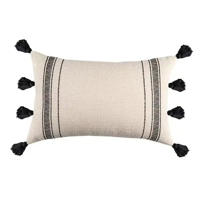 Beige rectangular cushion cover with black vertical stripes and tassels, decorbites geometric tufted living room decor
