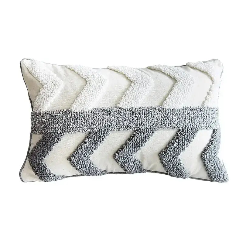 A cream cushion cover with bold gray geometric tufted chevron patterns by decorbites for living room decor