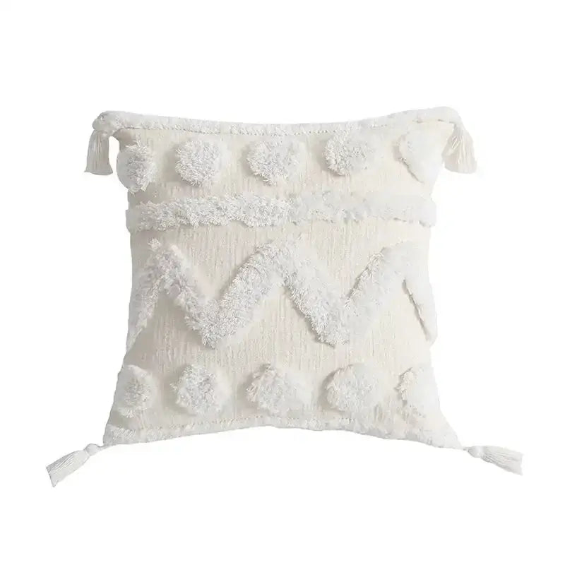 Cream-colored textured throw pillow with fluffy pom-poms and tassels for decorbites geometric tufted cushion cover decor