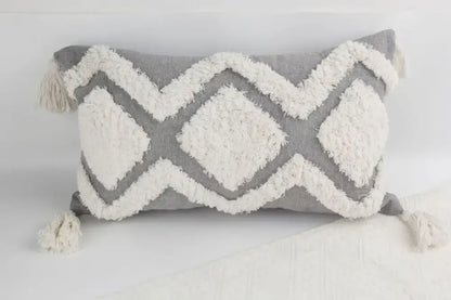 Gray and cream geometric tufted cushion cover with tassels for living room decorbites geometric tufted style